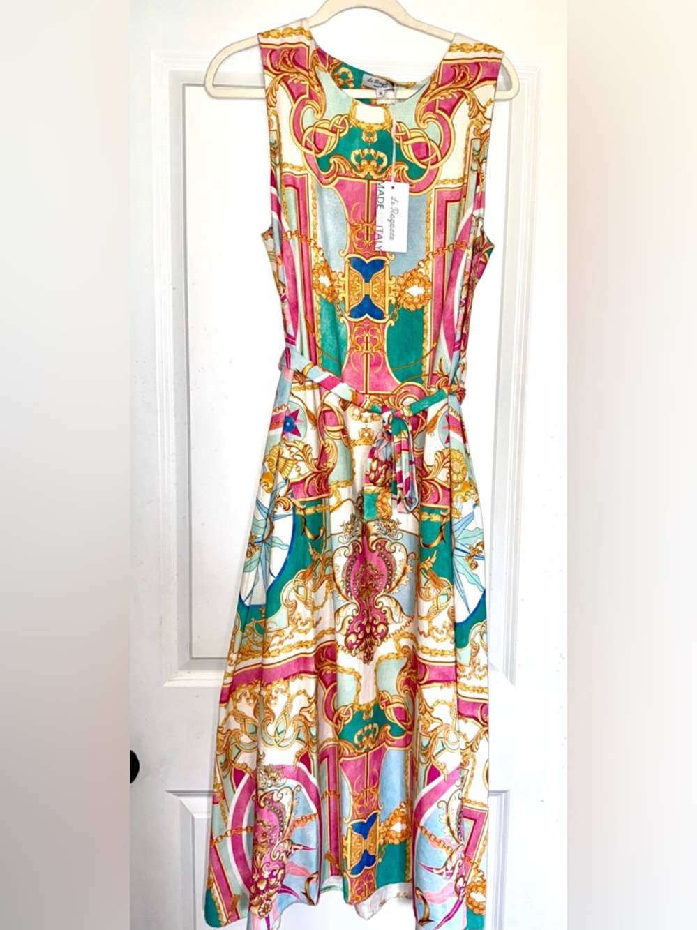Le Ragazze Linen ITALIAN MADE Sleeveless Midi Dress in Pastel Multi NWT - Picture 2 of 9